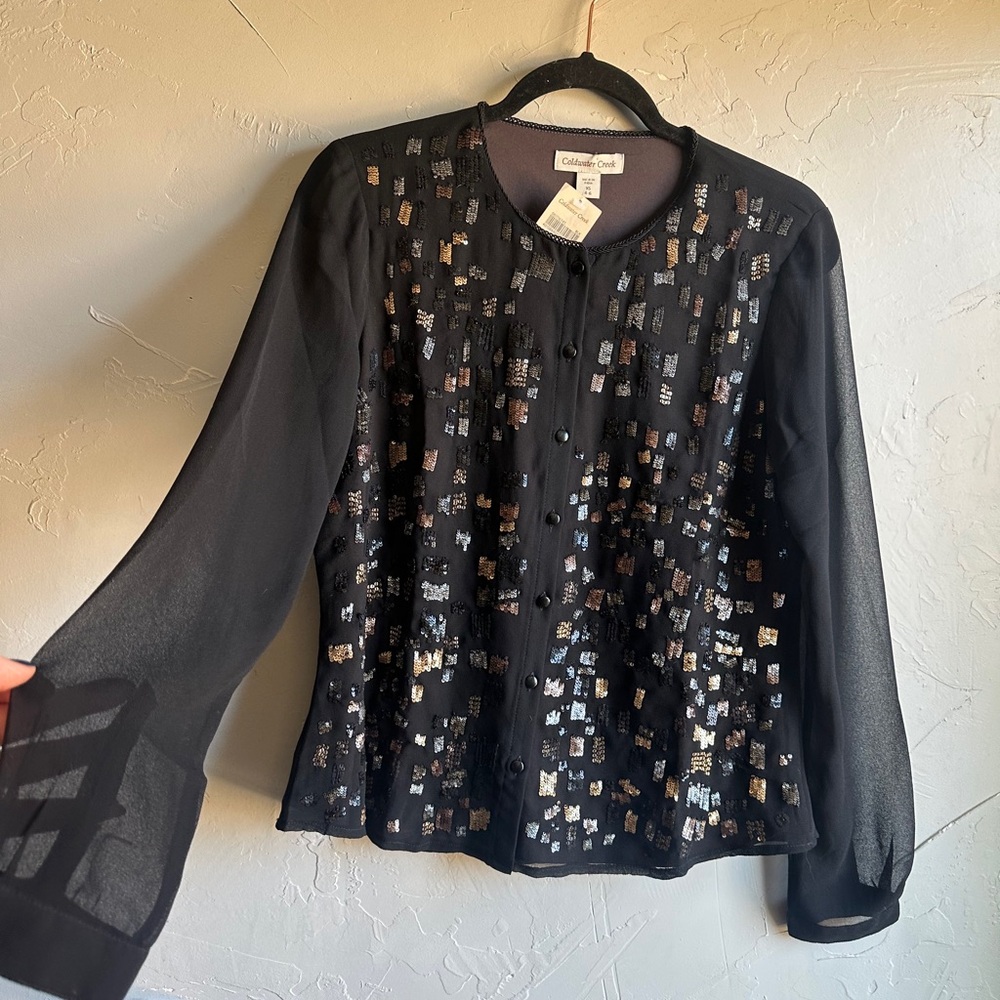 Coldwater Creek Black Sheer Sleeves Sequin‎ Blouse Y2K Vintage Glam Goth XS-M